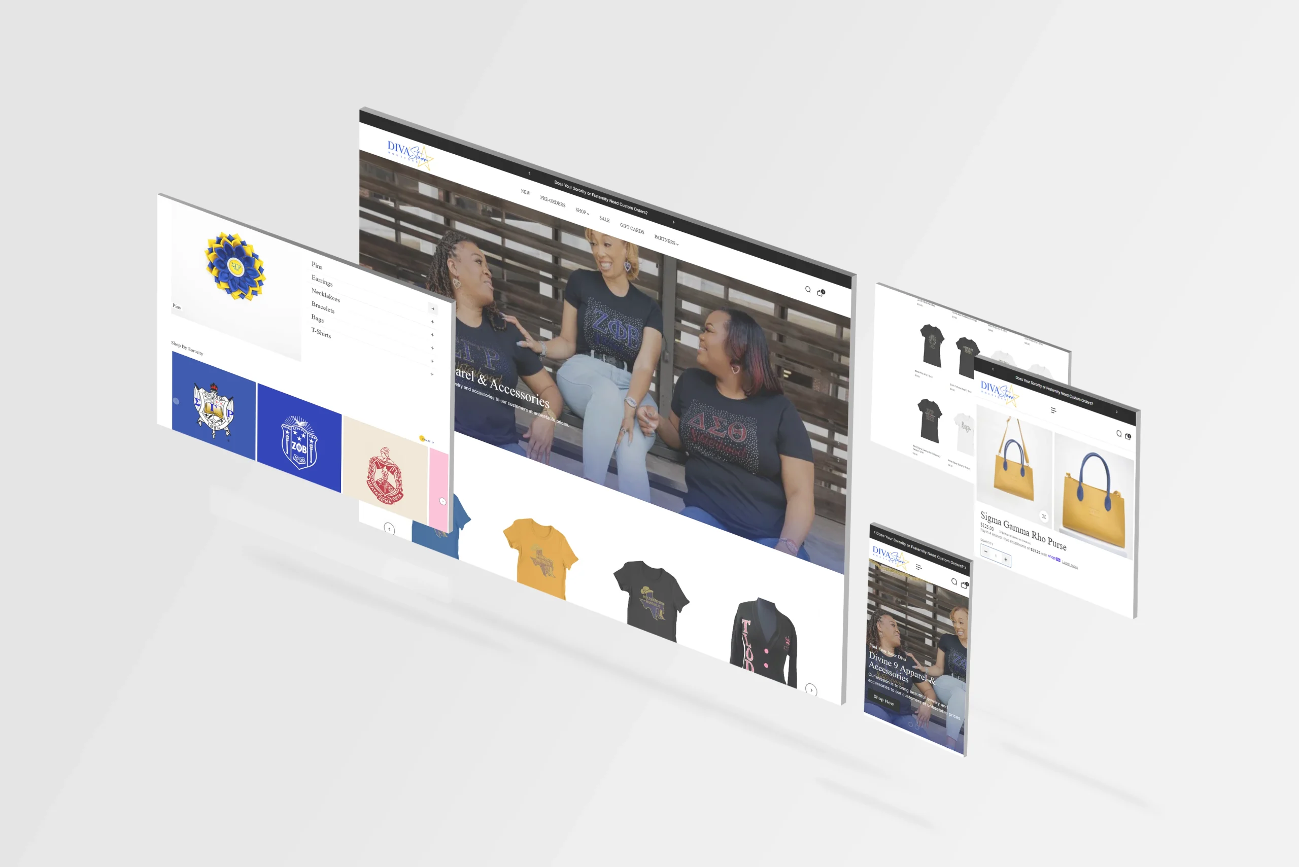3D mockup of Divastarr Boutique's website showcasing custom apparel and accessories, featuring women in branded t-shirts and product categories like bags and t-shirts.