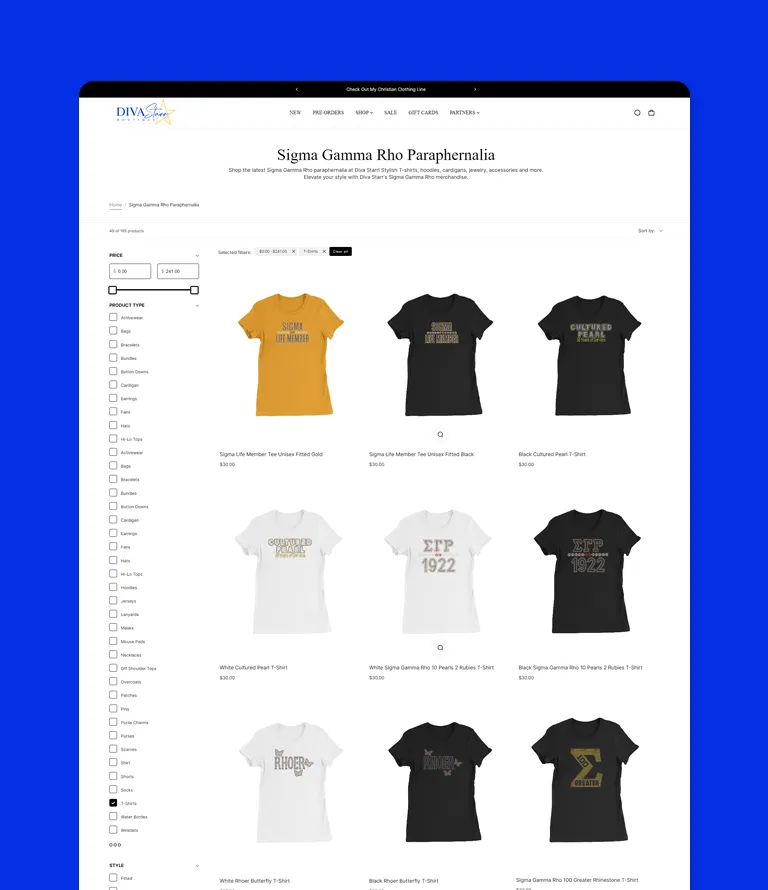Divastarr Boutique website showcasing Sigma Gamma Rho merchandise, including t-shirts and accessories, with various designs and prices displayed against a blue background.