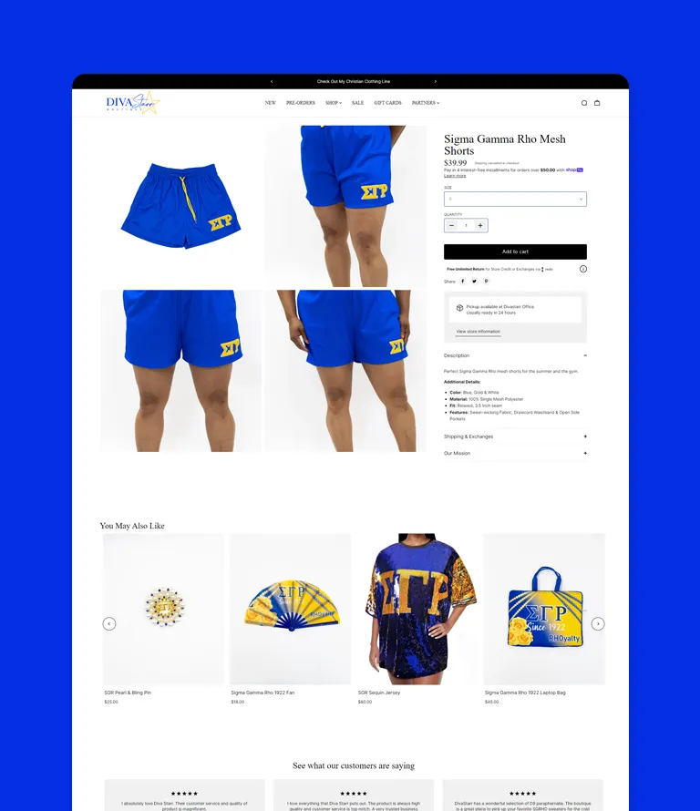 Image showcasing Sigma Gamma Rho mesh shorts in blue with yellow detailing, displayed on a model, highlighting Divastarr Boutique's custom clothing offerings.