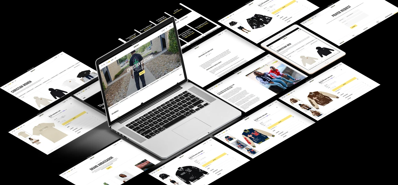 Laptop displaying the Walk in Faith Clothing website, showcasing Christian apparel with product categories and engaging visuals, surrounded by additional mockup screens illustrating the brand's e-commerce offerings.