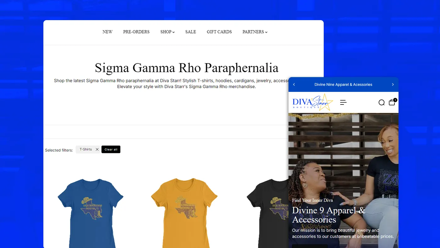 Diva Starr Boutique case study featuring women interacting, showcasing stylish Sigma Gamma Rho apparel and accessories, emphasizing sisterhood and community.