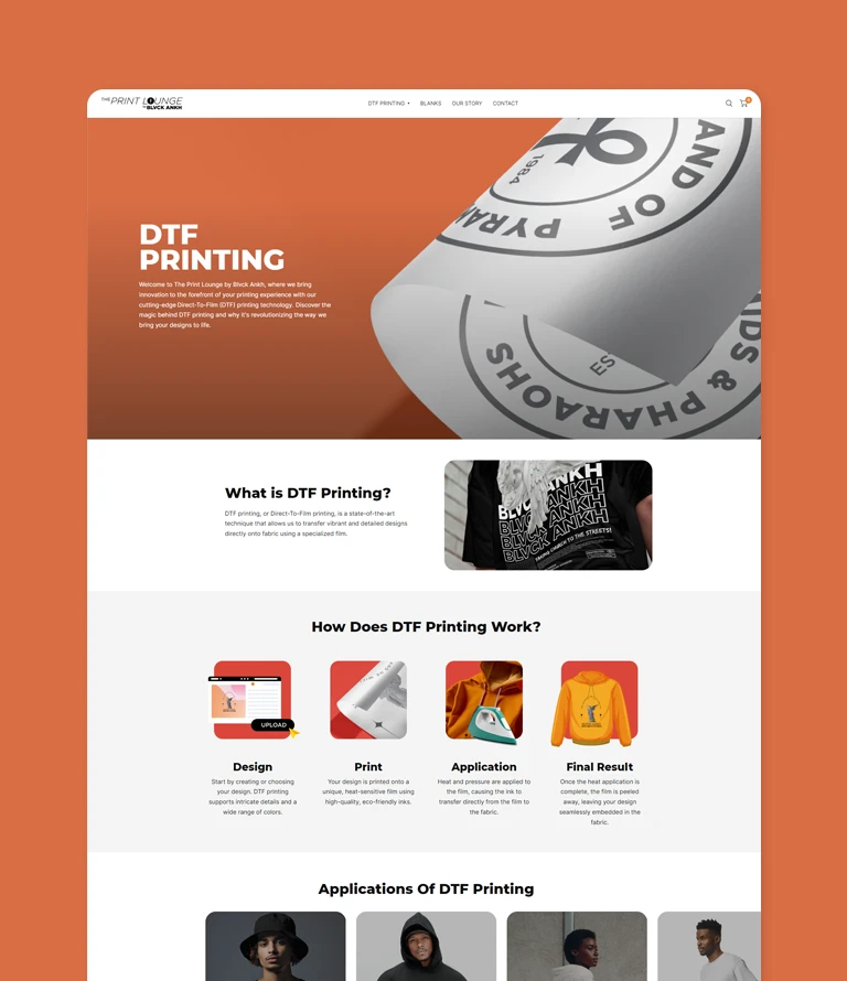 Custom gang sheet builder interface for The Print Lounge by Blvck Ankh, showcasing DTF printing designs and workflow enhancements.