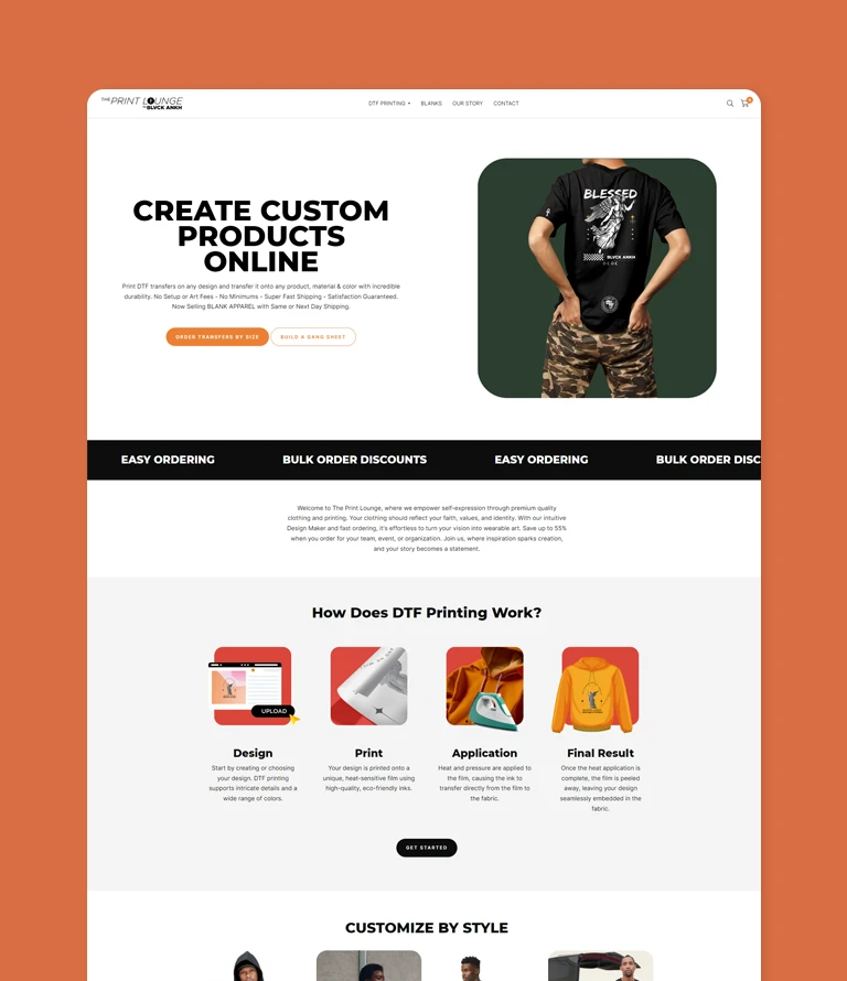 Custom product creation webpage for The Print Lounge by Blvck Ankh, featuring a model wearing a graphic t-shirt with "Blessed" design, emphasizing DTF printing services and user-friendly ordering process.