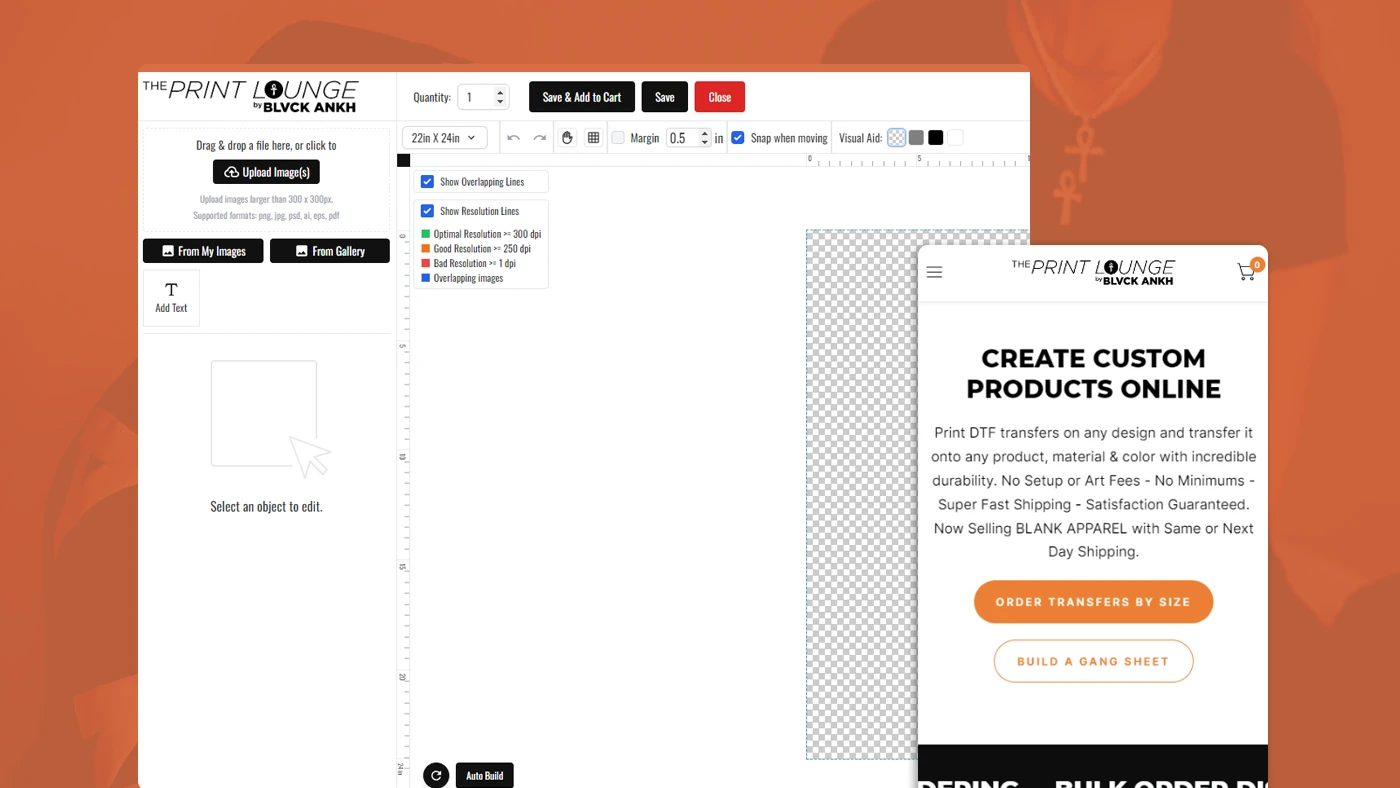 Custom gang sheet builder interface for The Print Lounge by Blvck Ankh, featuring design upload options and product customization tools, enhancing online presence and user engagement.