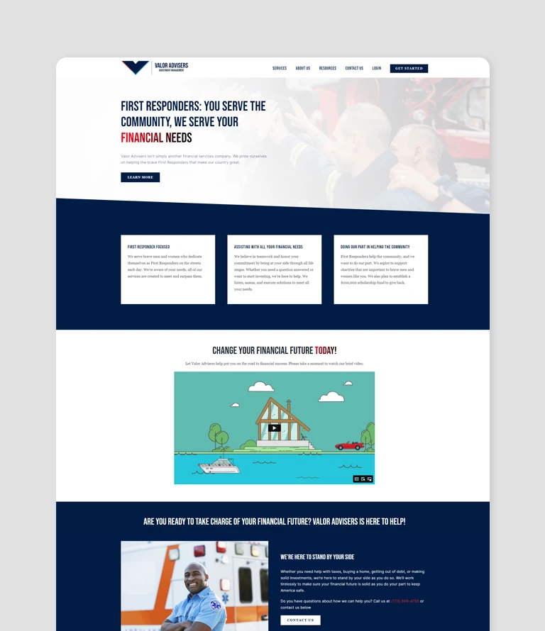 Valor Advisers website mockup showcasing a user-friendly interface designed for First Responders, emphasizing financial services and community support.