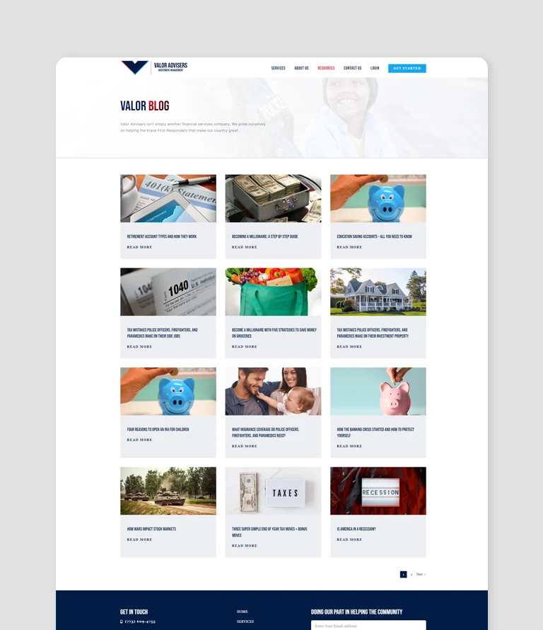 Valor Advisers website mockup showcasing user-friendly design and resources for First Responders, emphasizing financial services and investment management.