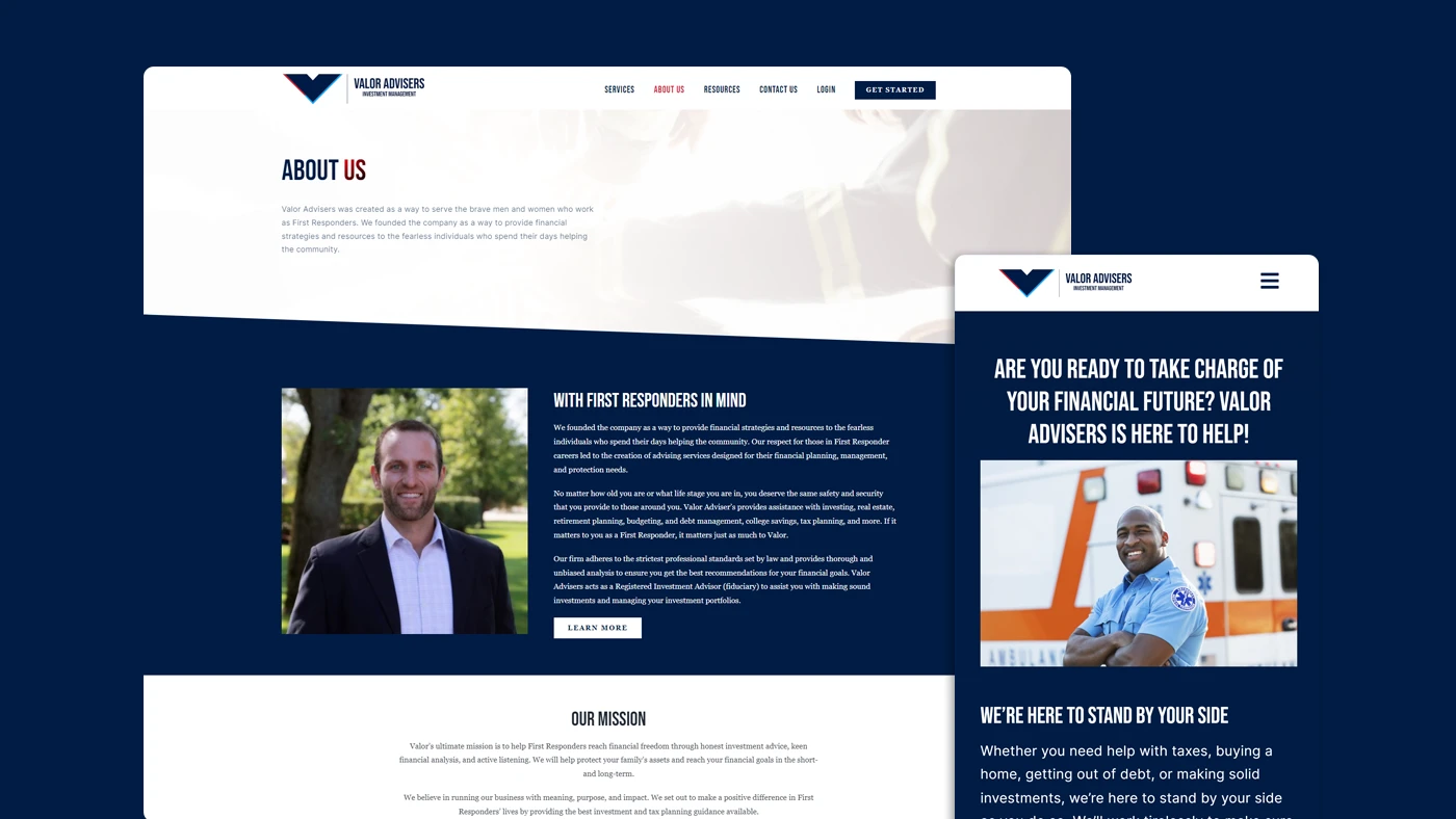Valor Advisers website mockup showcasing user-friendly design, featuring sections about their mission to support First Responders with tailored financial strategies and services.