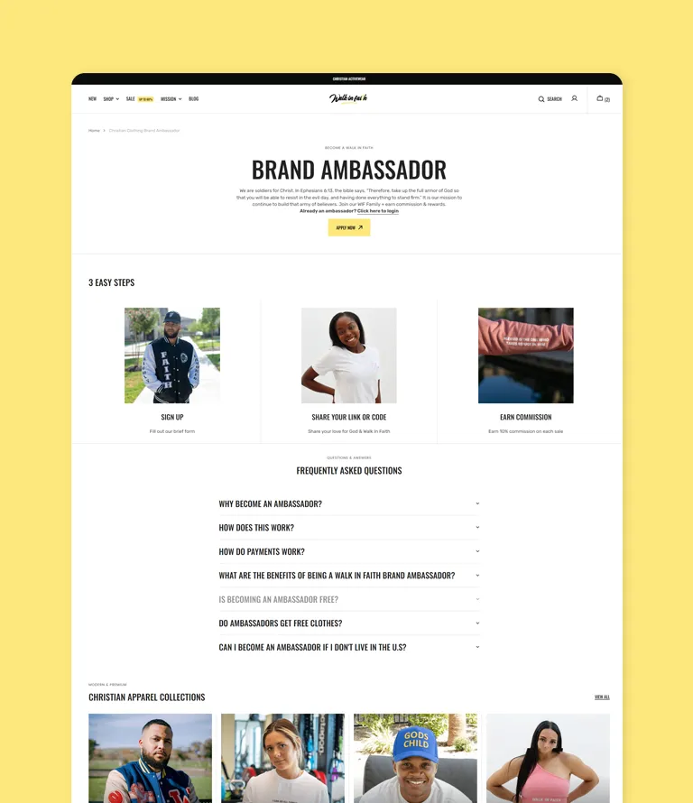 Brand ambassador page for Walk in Faith Clothing featuring diverse individuals wearing faith-inspired apparel, promoting community engagement and brand loyalty.