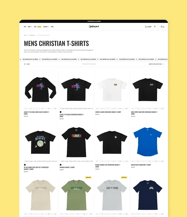 Men's Christian t-shirts displayed on an e-commerce website, showcasing various designs with messages of faith and devotion, highlighting the brand Walk in Faith Clothing.