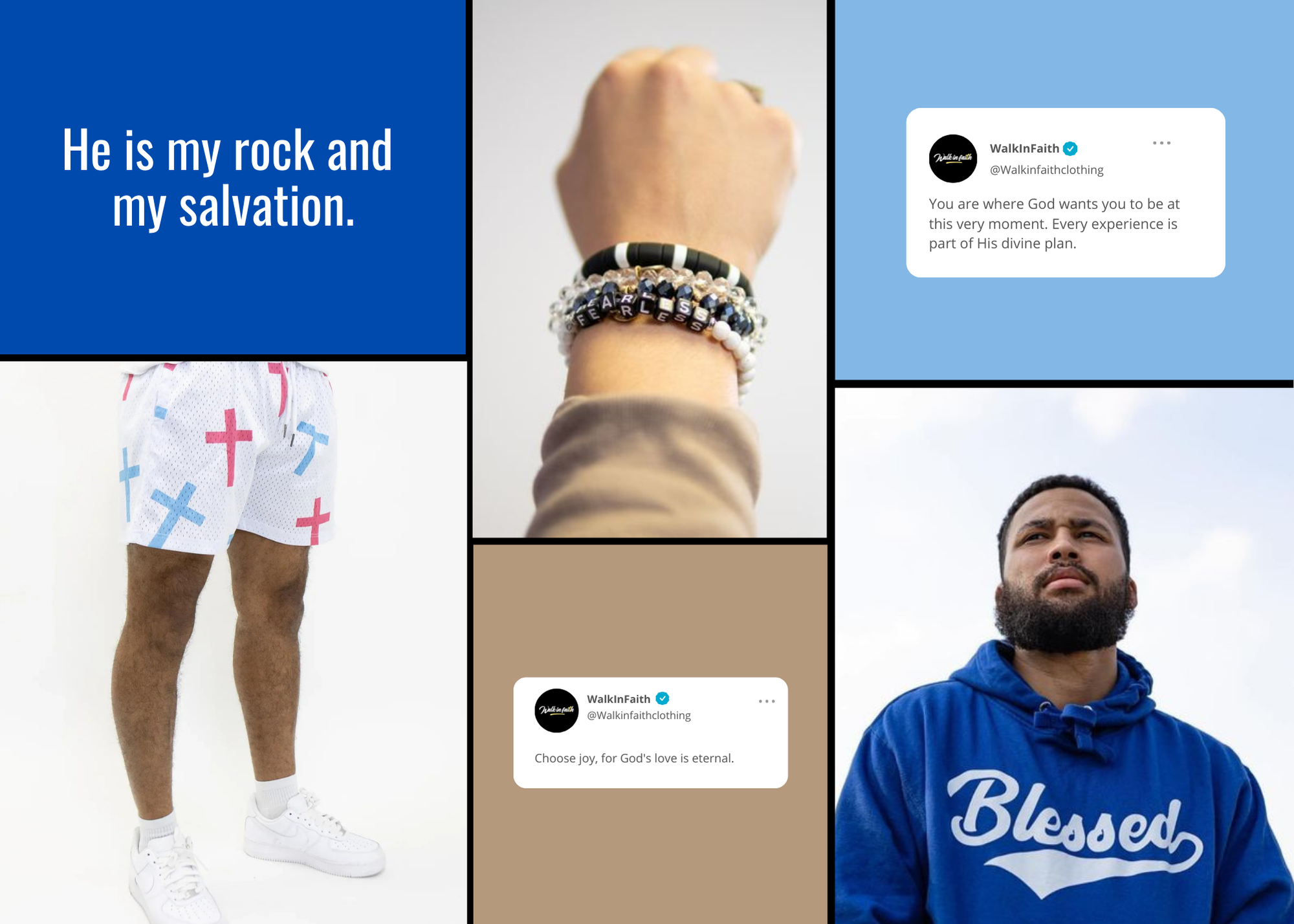 Collage of Walk in Faith Clothing showcasing faith-inspired apparel, featuring a man in cross-patterned shorts, a close-up of a wrist adorned with inspirational bracelets, and a man wearing a "Blessed" hoodie, with uplifting quotes emphasizing devotion and faith.