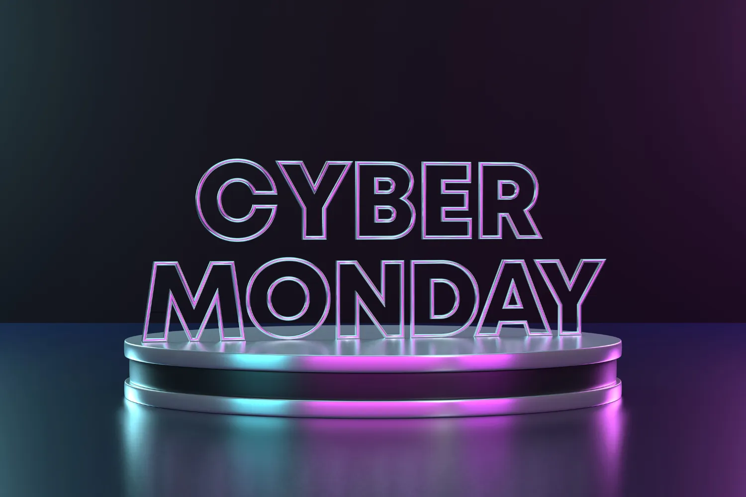Cyber Monday text displayed in neon style on a podium, emphasizing promotional strategies for online business growth.
