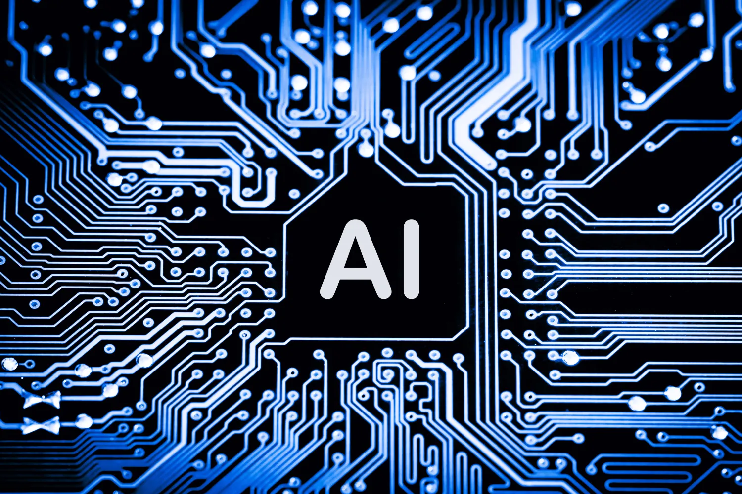 AI circuit board with blue lines and nodes, representing technology and digital transformation in IT.