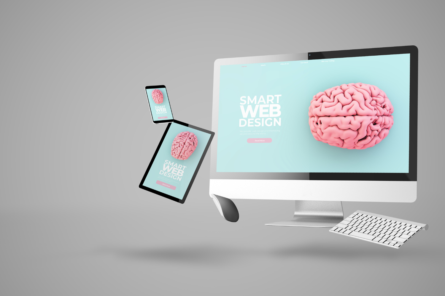 Smart web design concept featuring a pink brain graphic on multiple devices, including a desktop monitor, tablet, and smartphone, emphasizing innovative digital marketing strategies for IT companies.