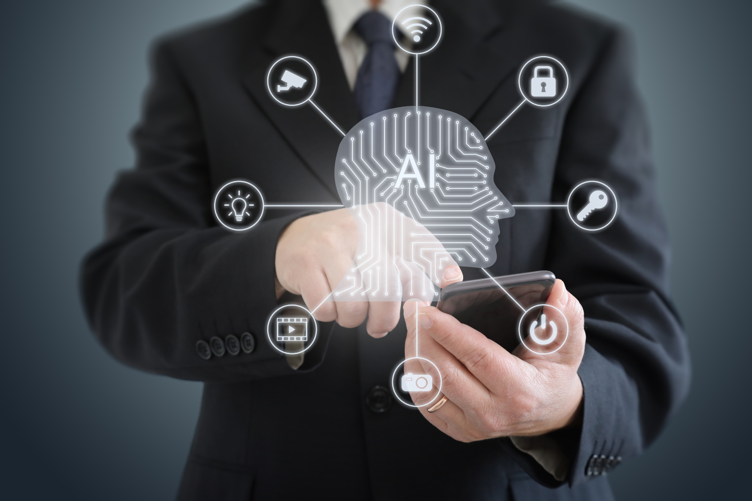 Business professional using smartphone with AI technology icons representing digital marketing tools and strategies for startups.