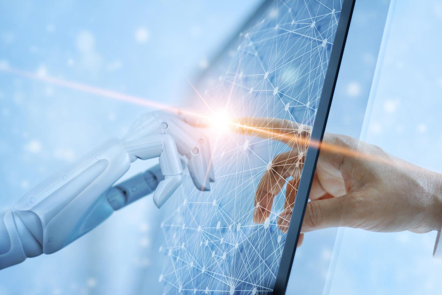 Robot hand reaching towards a human hand, symbolizing connection and automation in digital marketing strategies for IT companies.