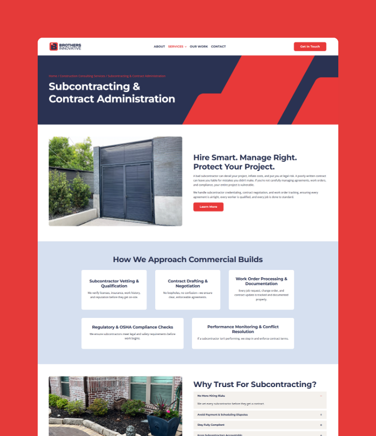 Brothers Innovative Construction website showcasing subcontracting and contract administration services, featuring a clean layout with engaging design elements and clear calls to action.