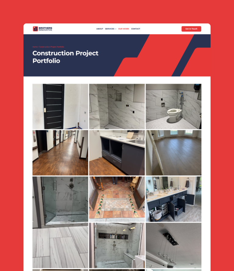 Construction project portfolio showcasing various completed projects by Brothers Innovative Construction, featuring modern interiors, tile work, and design elements that reflect quality craftsmanship and professional standards.