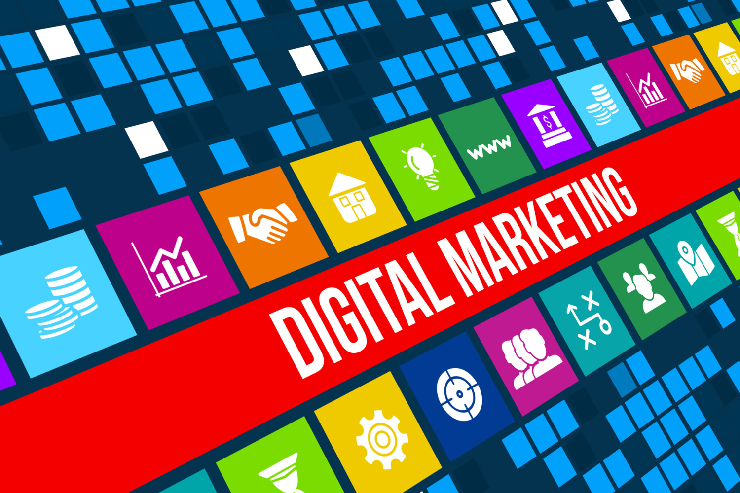 Colorful icons representing various aspects of digital marketing with the bold text "DIGITAL MARKETING" prominently featured in red, illustrating innovative strategies for clothing brands.