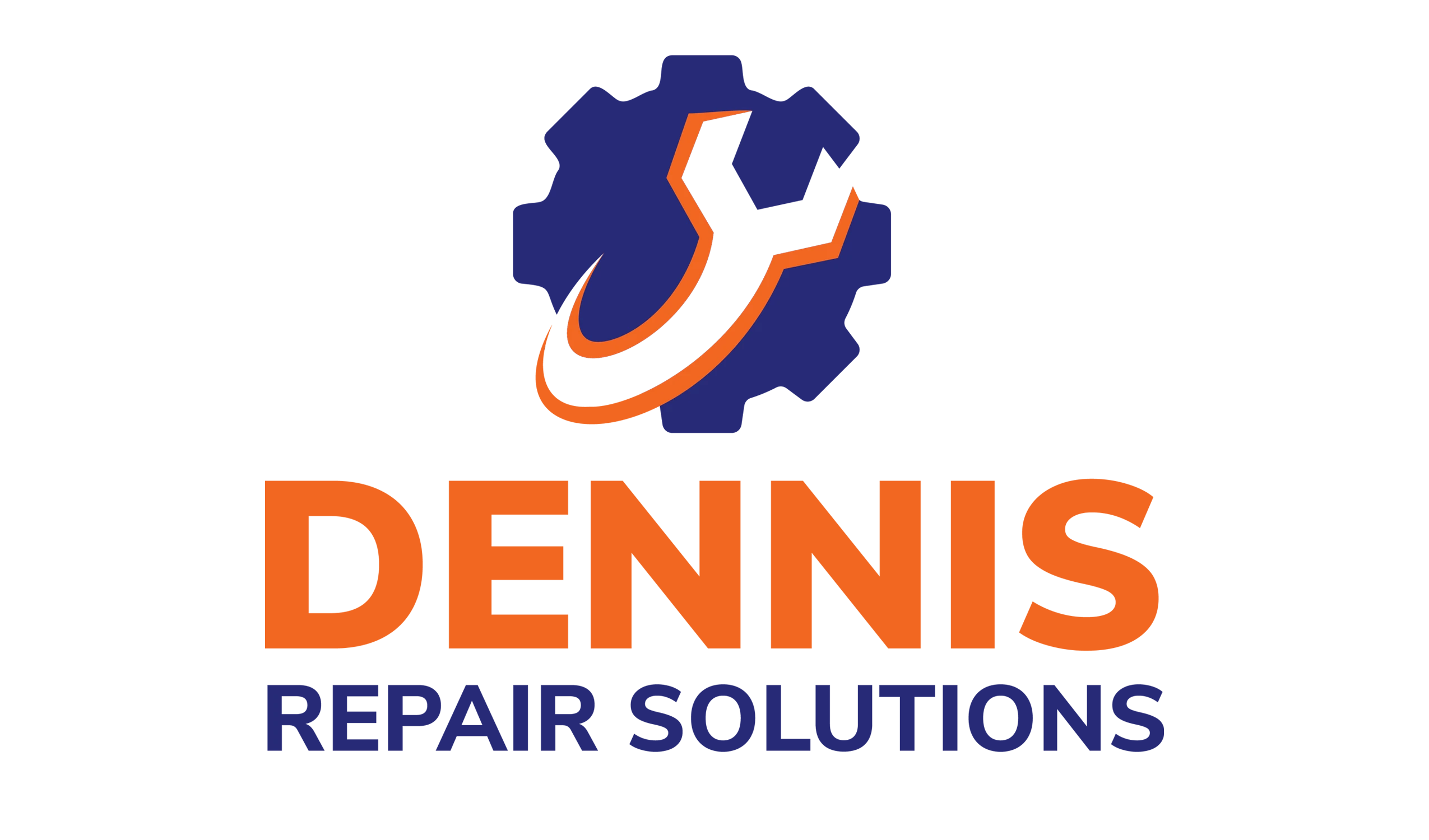 Dennis Repair Solutions logo featuring a wrench and gear design, incorporating bold orange and deep blue colors, symbolizing reliability, expertise, and local presence in Salt Lake City.