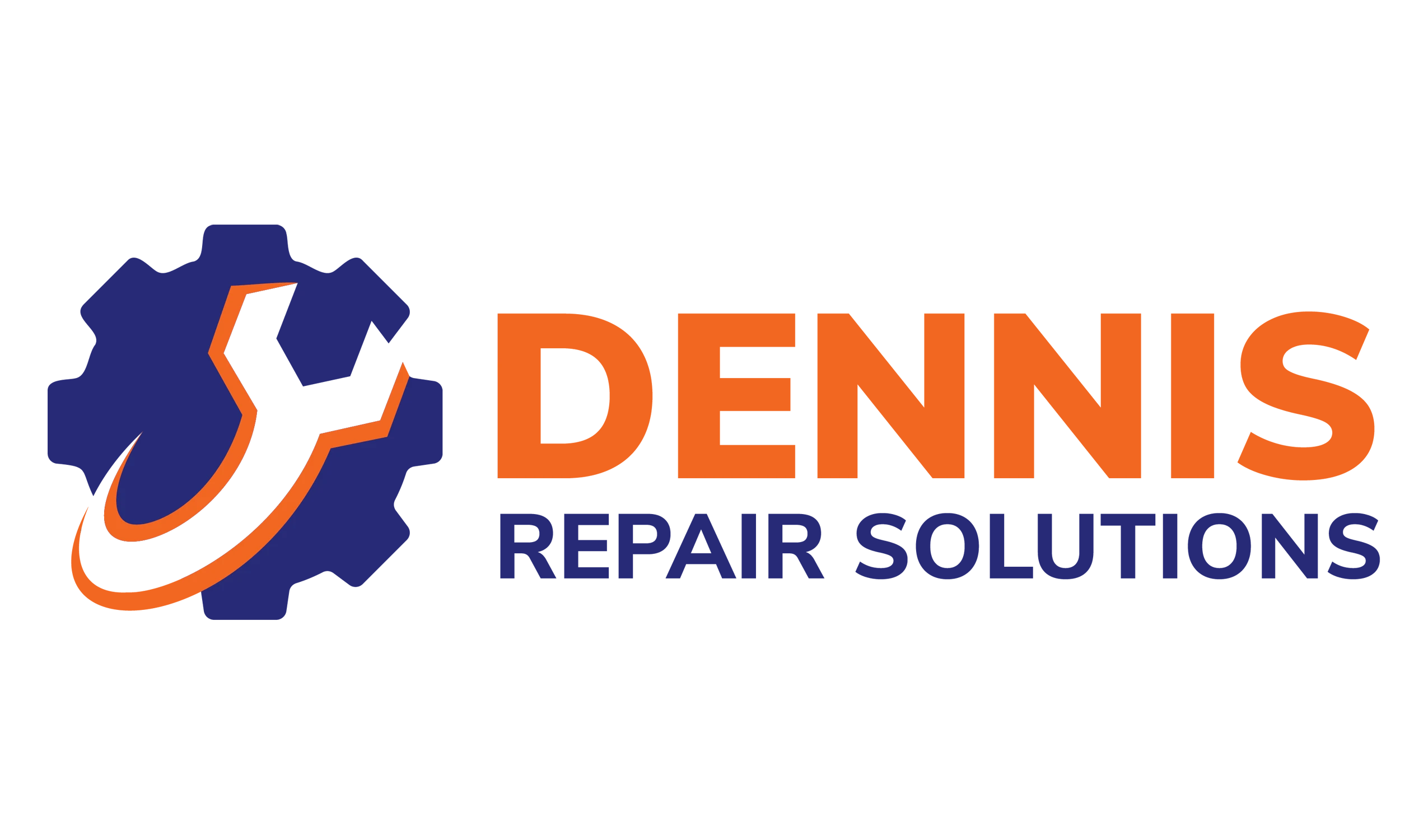 Logo of Dennis Repair Solutions featuring a wrench and gear design, incorporating bold orange and deep blue colors, symbolizing reliability and expertise in appliance repair.