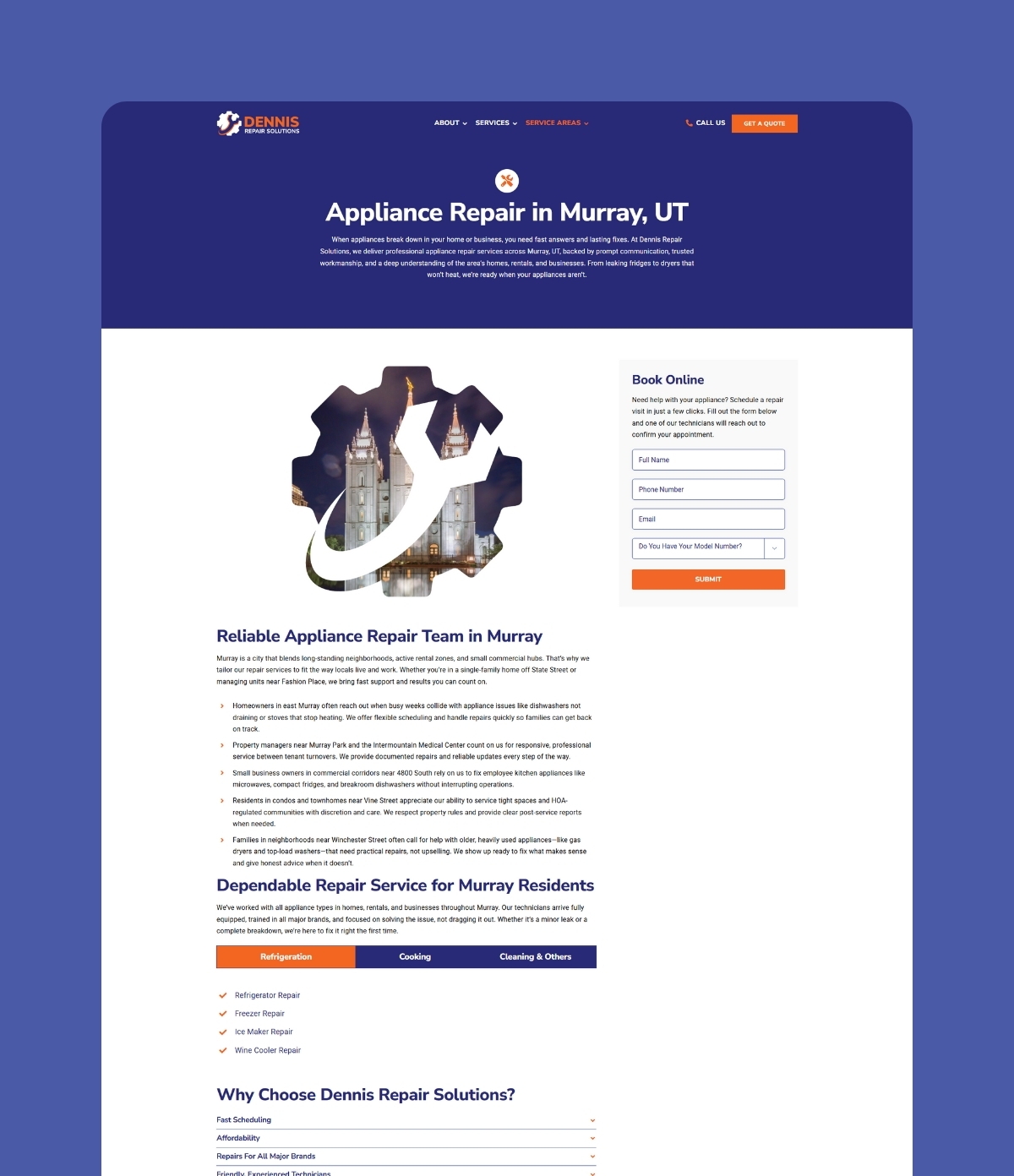 Appliance repair website design for Dennis Repair Solutions featuring a clean interface, brand logo, and service information, emphasizing local presence and user-friendly navigation.