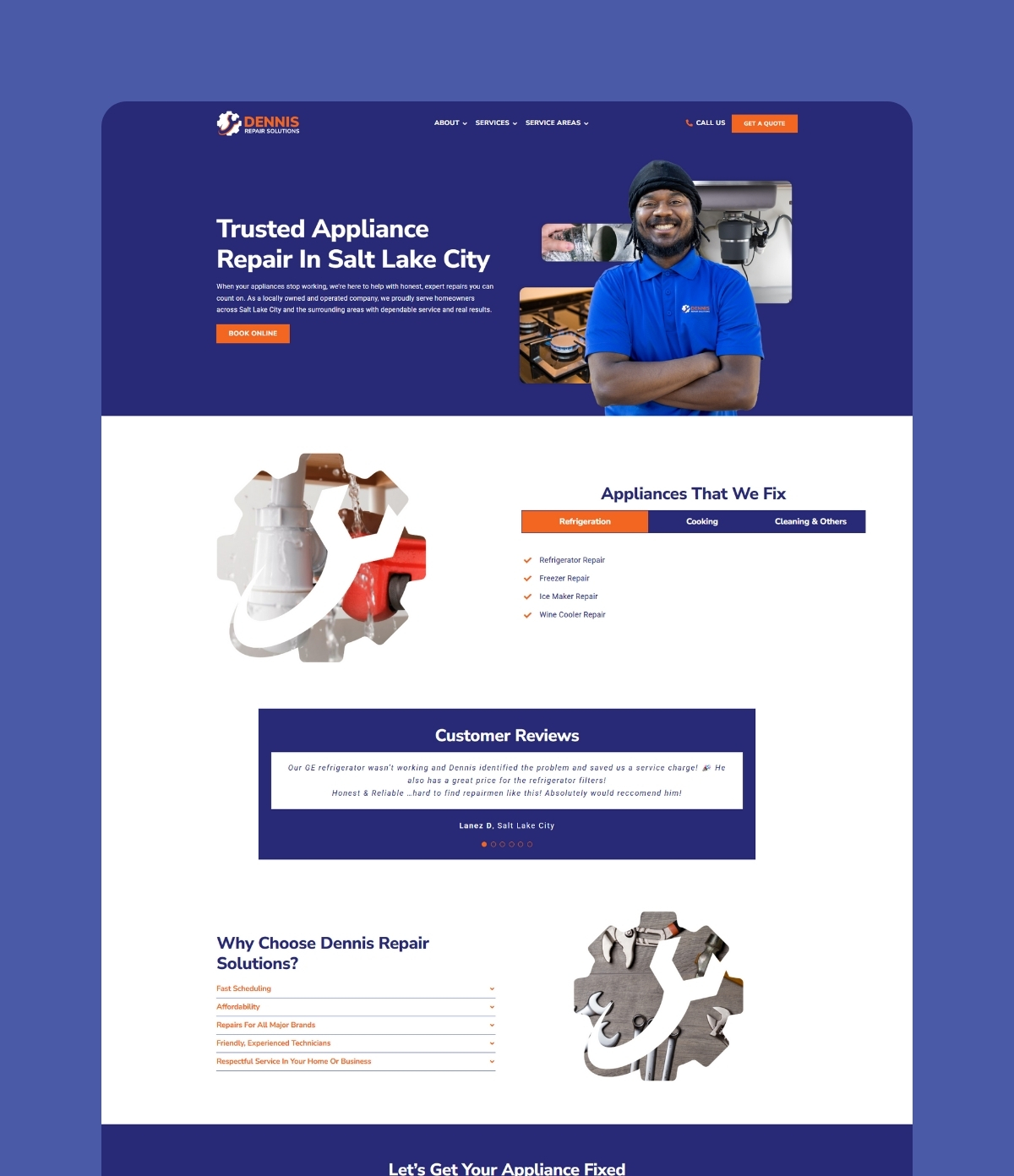 Website design for Dennis Repair Solutions featuring a clean layout, appliance repair services, and a professional brand identity in Salt Lake City.