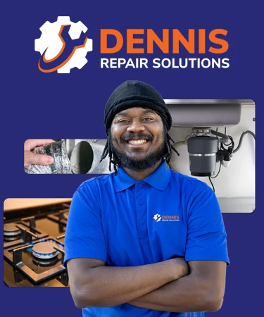 Dennis Repair Solutions logo and technician in blue shirt, showcasing plumbing and appliance repair services, emphasizing expertise in home repairs.
