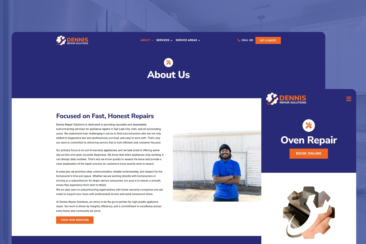 Dennis Repair Solutions website showcasing appliance repair services, featuring a smiling technician in a blue shirt, professional branding elements, and a user-friendly interface for booking services.