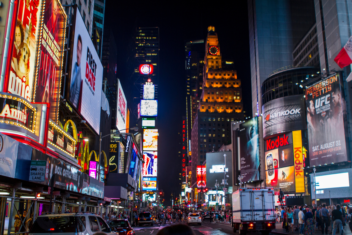 Vibrant nighttime scene of Times Square, featuring colorful billboards, bustling crowds, and illuminated buildings, highlighting the energetic atmosphere of New York City.